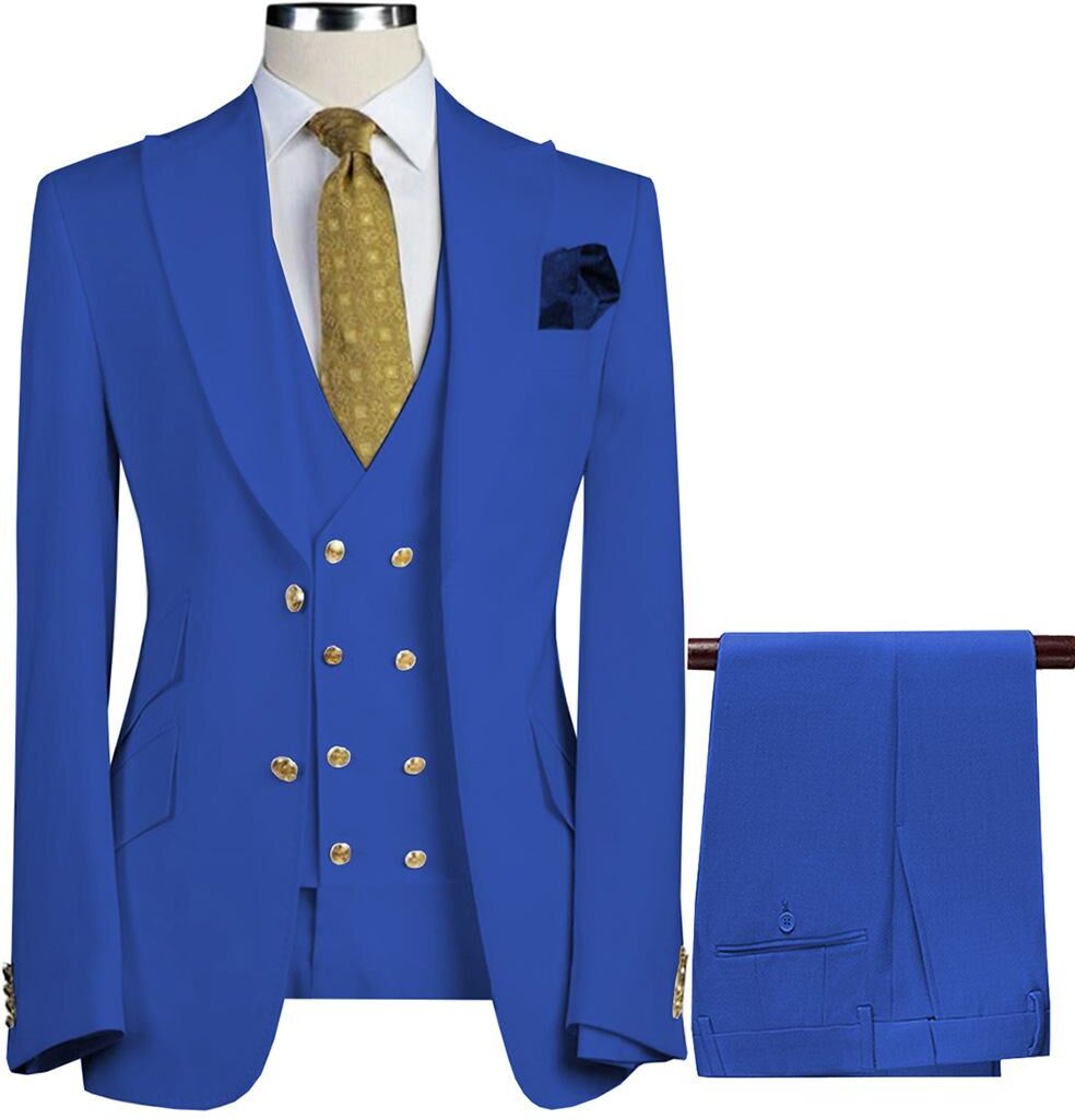 Big Stage Men Apparel Blue Blazer Sets Suits Business Daily Wedding Party Groomsmen Fit Tuxedo Costume Host Men's Suit Regular 3 Pieces Sets Jacket+Pants+Vest