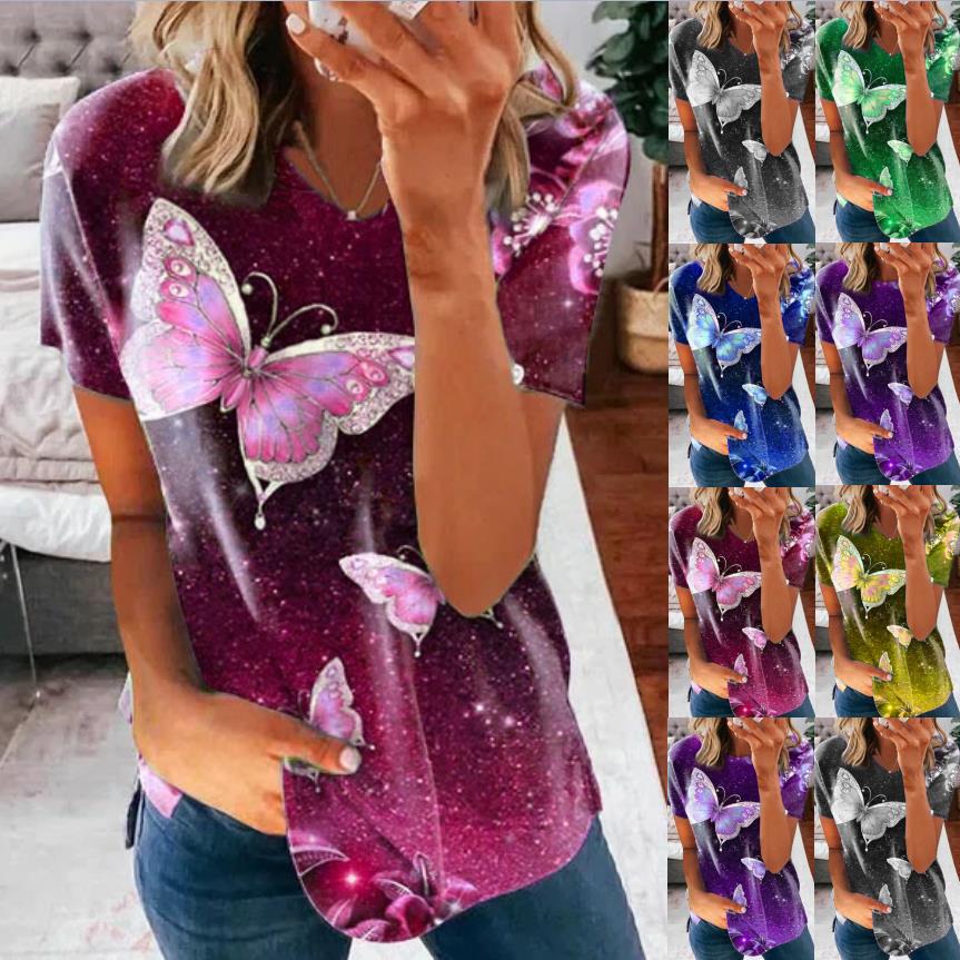 HerSight Women's Clothing Summer Tops V Neck Loose Top Casual Short Sleeve Floral Print T-shirt
