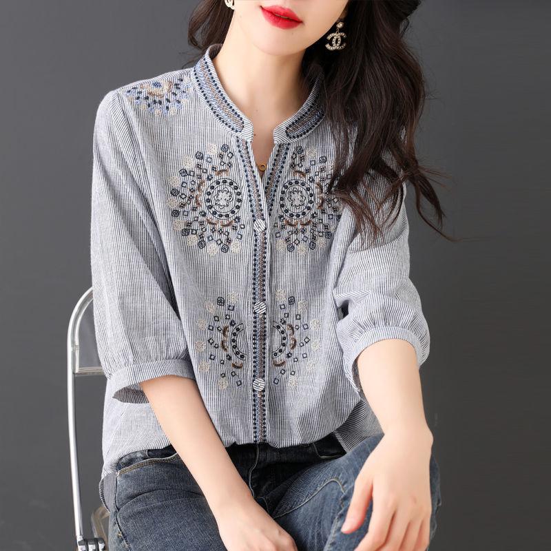 Twicefanx Women's Clothing Solid Loose O Neck Embroidery Three Quarter Sleeve Button Striped Spring Summer Vintage Shirts Women Fashion Tops