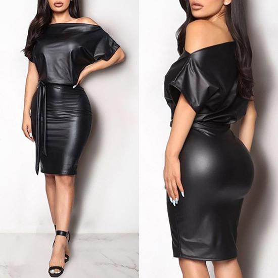 QJ81TR Party Dress Straight Dresses Belt Mid-Length Short Sleeve Casual Pu Leather