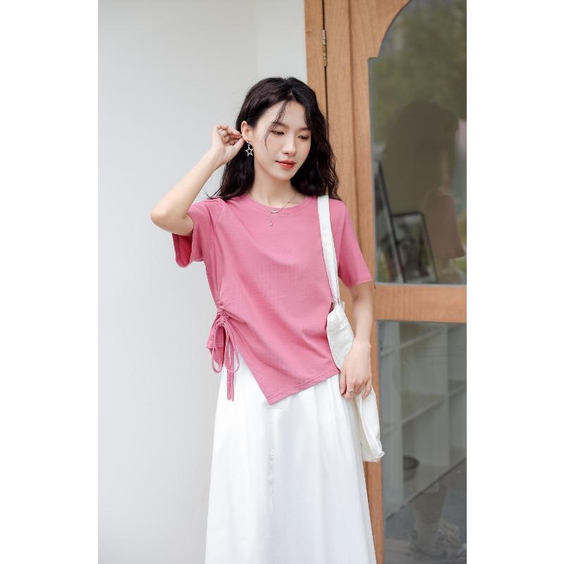 DIMANAF 2024 New Summer Women T-Shirt Tees Vintage Short Sleeve Loose Solid Pink Casual O-Neck Cotton Tops Shirt