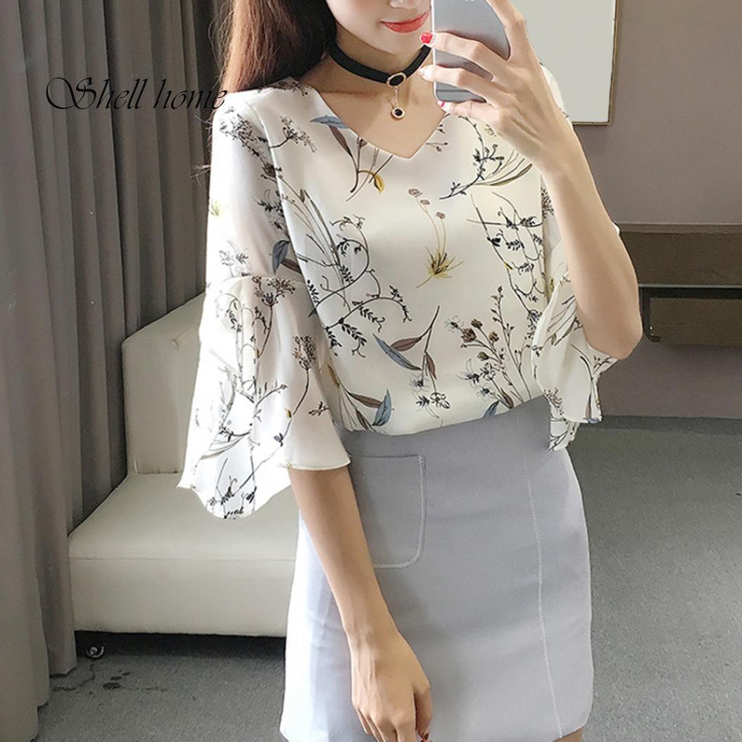 Cranberry shellhome Office Lady Fashion Flower Print Half Flare Sleeve V Neck Chiffon Blouse Shirt