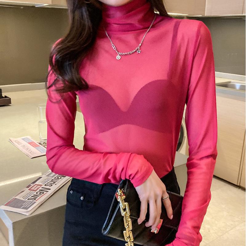 WTEMPO Summer Sexy See-Through Thin Blouse Women Candy Colors Mesh Tops Solid Long Sleeve Transparent Shirts