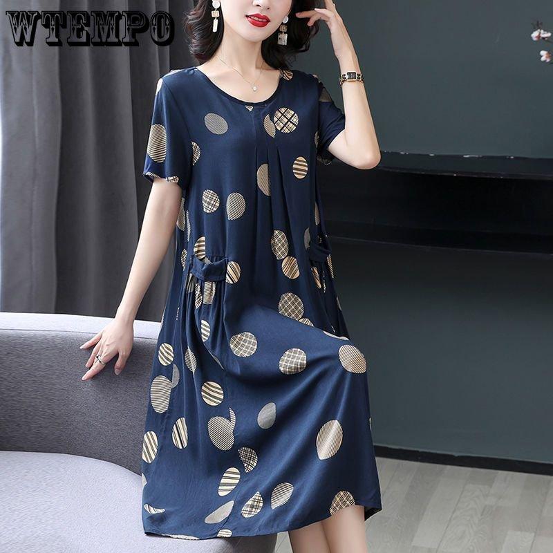 WTEMPO Female Summer Fashion Loose Cotton Silk Dress Large Yards Short-sleeved Floral Temperament A-line Dresses