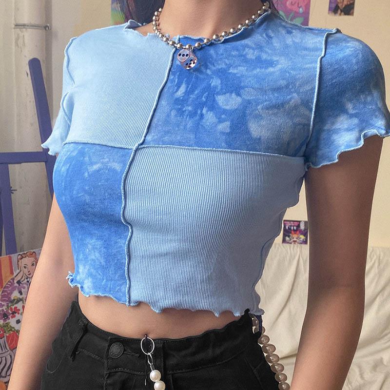 Dozw Chic Crop Tops Tees Tie Dye With Sequin Patchwork Women Summer T-shirts Ruffles Hem Purple Or Bule Clothes