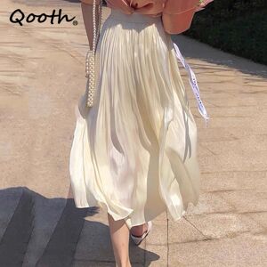 Qooth Acetate Satin A-line Skirts High Waist Large-swing Midi Skirt Small Fresh Abstract Casual For Women QT1720