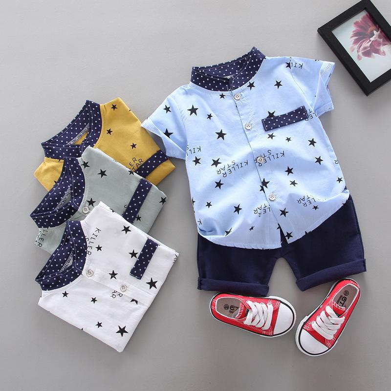 Fashion Nessa Summer Boy Short-sleeved Star Printed Shirt Children Stand Collar Clothing Set Baby Kids Cotton Suit