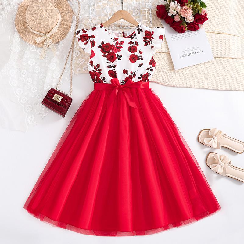happy going Spring/Summer Girls' Clothing 6-12 Year Old New Girl's Fashionable Flying Sleeves Princess Dress Children's Dress
