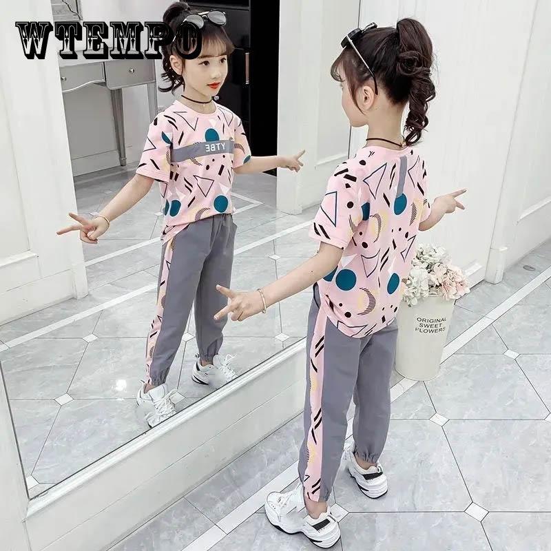 WTEMPO Girls Suit Summer Sports Leisure Loose and Breathable Children's Clothing Girl Short-sleeved Trousers Letter Printing All-match Two-piece Set