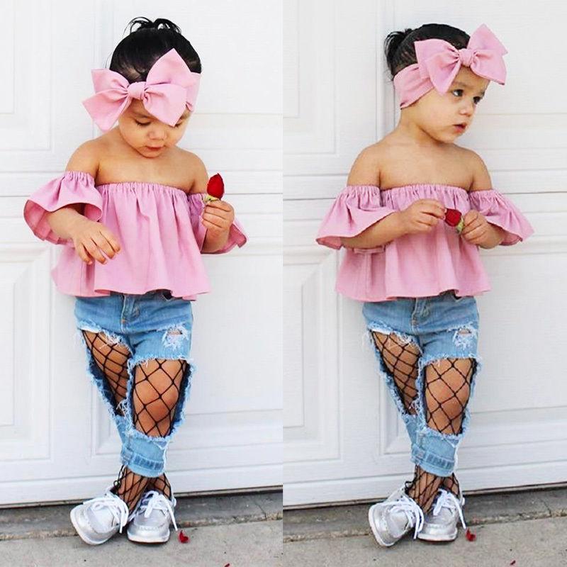 Little Fashionistas Baby Girls Three-pieces Set, Toddlers Off Shoulder T-Shirt Denim Pants Outfits, Children Clothing Set With Bow Headdress