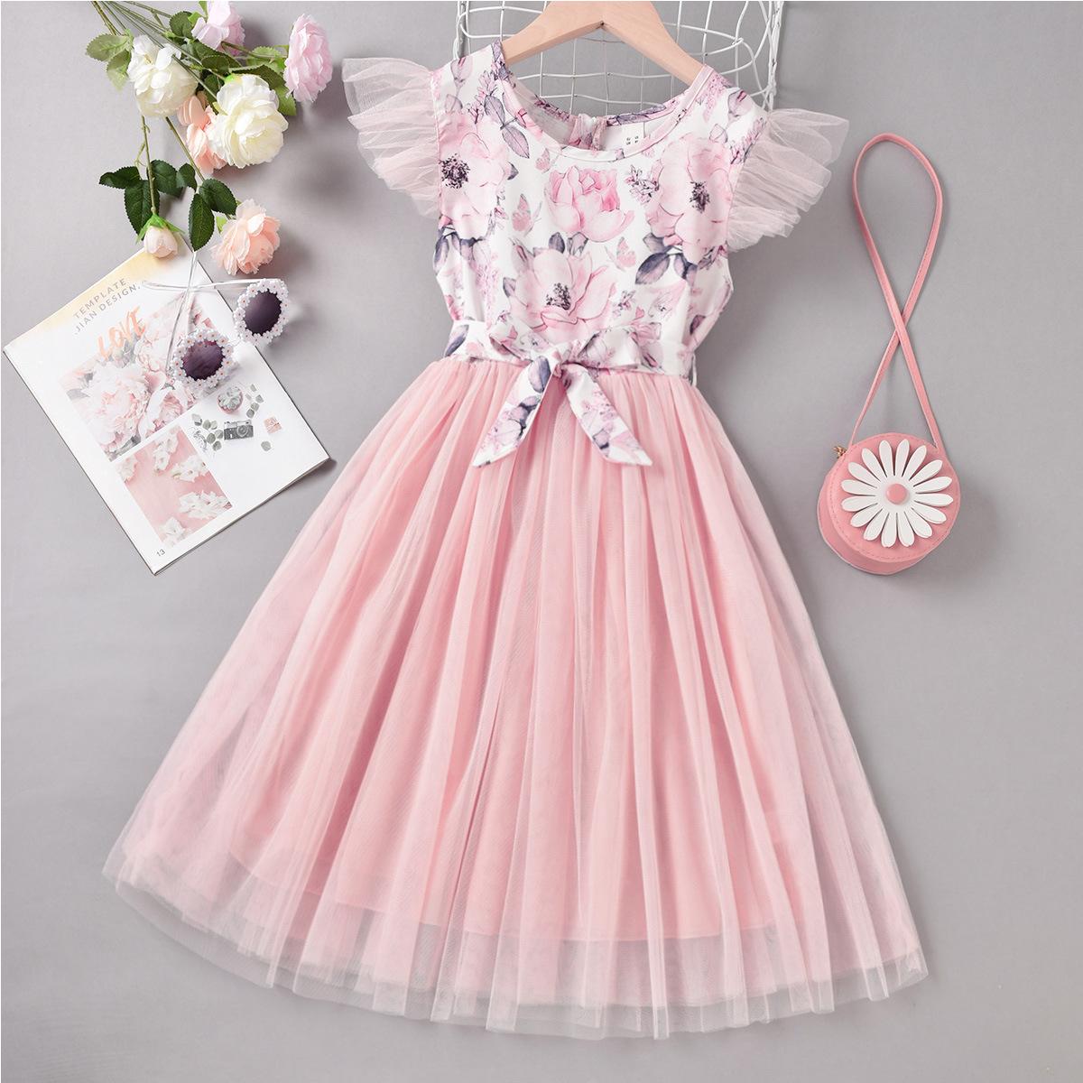 YOUULAR Girls Dress 2023 Summer Korean Kids Floral Mesh Splicing Dress Children's Clothing