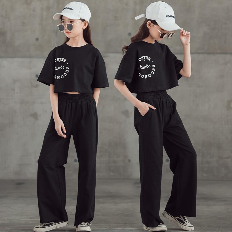 Kuma Girls clothing Summer suit Casual Letter T-shirt High waisted wide leg pants 2 children's tracksuit Black teen clothing