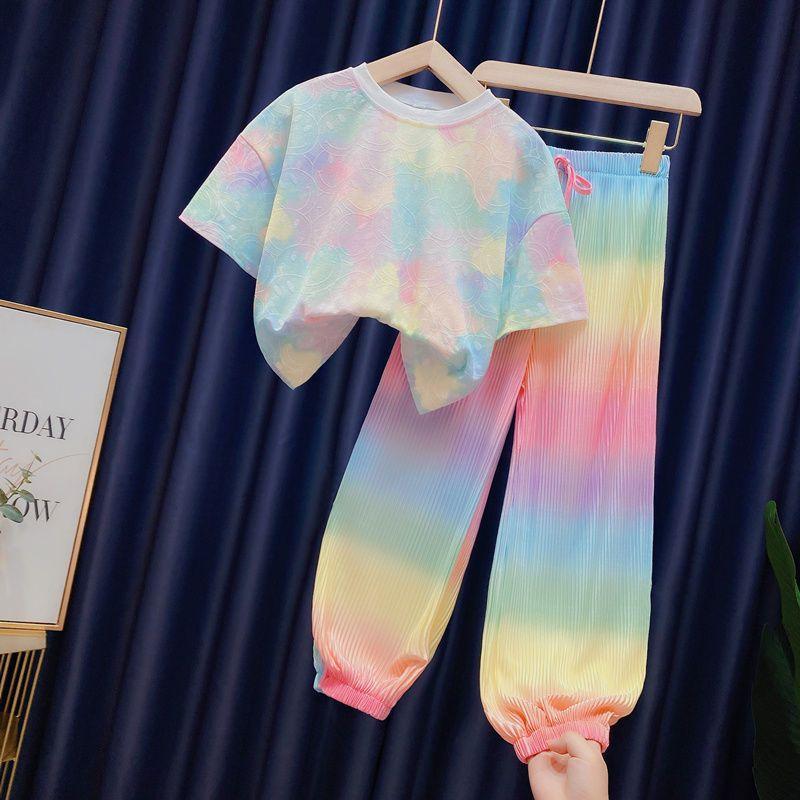 YiLi-Studio Girl 2023 Summer New Shishi Ice Silk Rainbow Gradient Color Loose T-shirt + Pants Suit 3-12 Years Old Children's Tie-dye Clothing