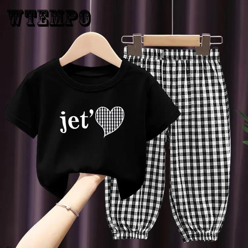 WTEMPO Girls Suit Summer Children's Clothes Thin Section Children's Clothing Printed Short-sleeved Plaid Pants Loose and Comfortable Two-piece Set