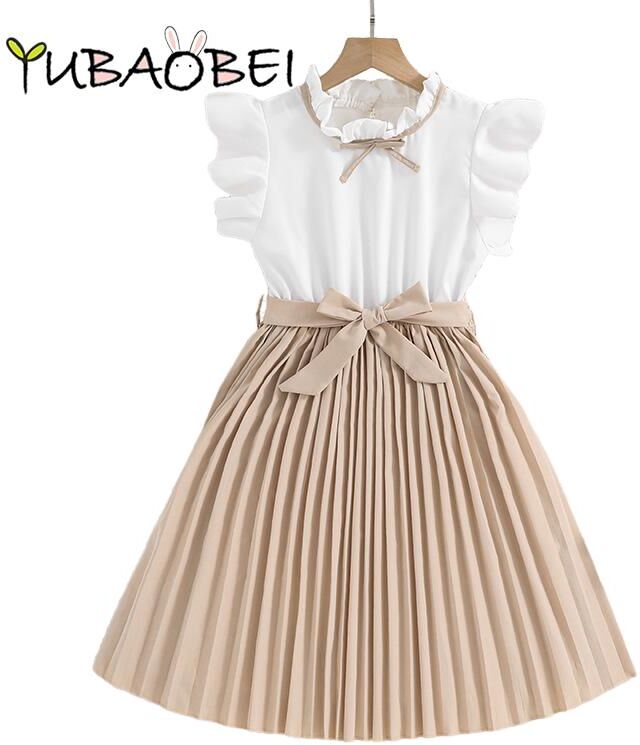 YUBAOBEI Summer Girls Dress 2024 Children Bow Pleated Long Dress Princess Dress Kid's Clothing