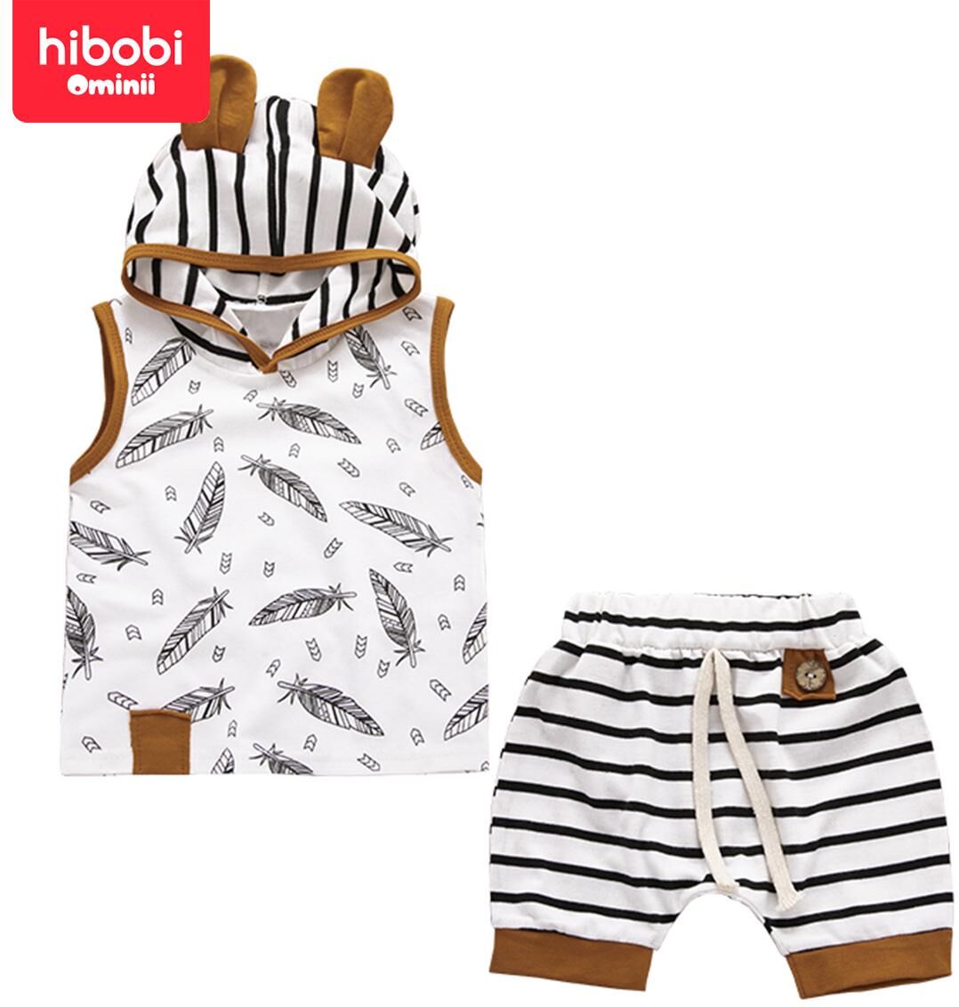 hibobi New Children's Clothing Summer Hot Sale Striped Animal Pattern Print Casual Pullover Shorts Two-Piece Set