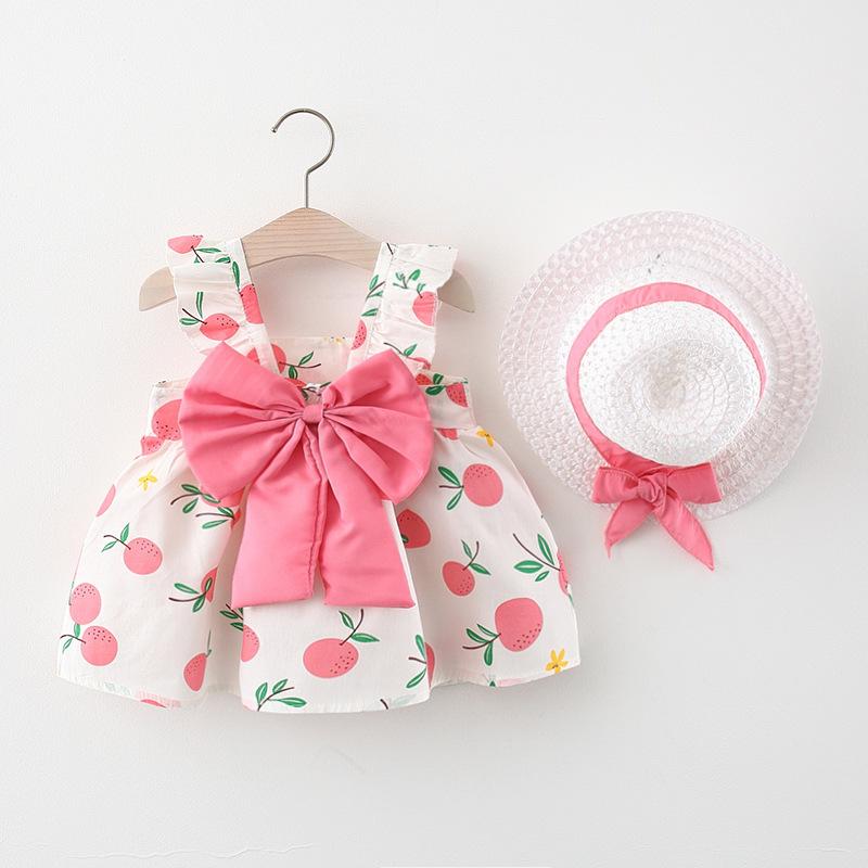 HoneyCherry Summer New Princess Slip Dress Baby cotton skirt bow children's clothing baby girls dress with hat