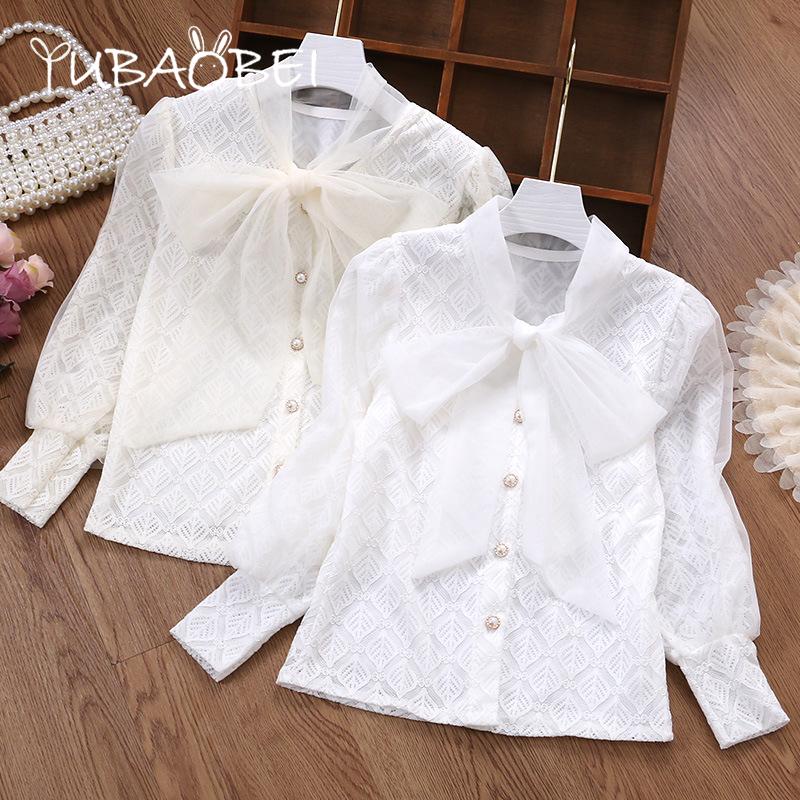 YUBAOBEI Girls White Long Sleeved Blouse Kids Bottoming T-shirt Spring Children's Lace Blouse Cardigan Tops Autumn Children's Clothing