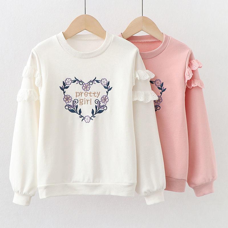YUBAOBEI Baby Girls White Top Floral Embroidery Blouse Children's Clothing Long-Sleeved Shirt Spring Kids Clothing Teen Sweatshirts