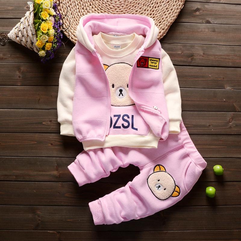 Arbutus Children's Clothing Boys Girls Baby Winter Plus Velvet Thick Cartoon Bear 3pcs Sports Suit Sets