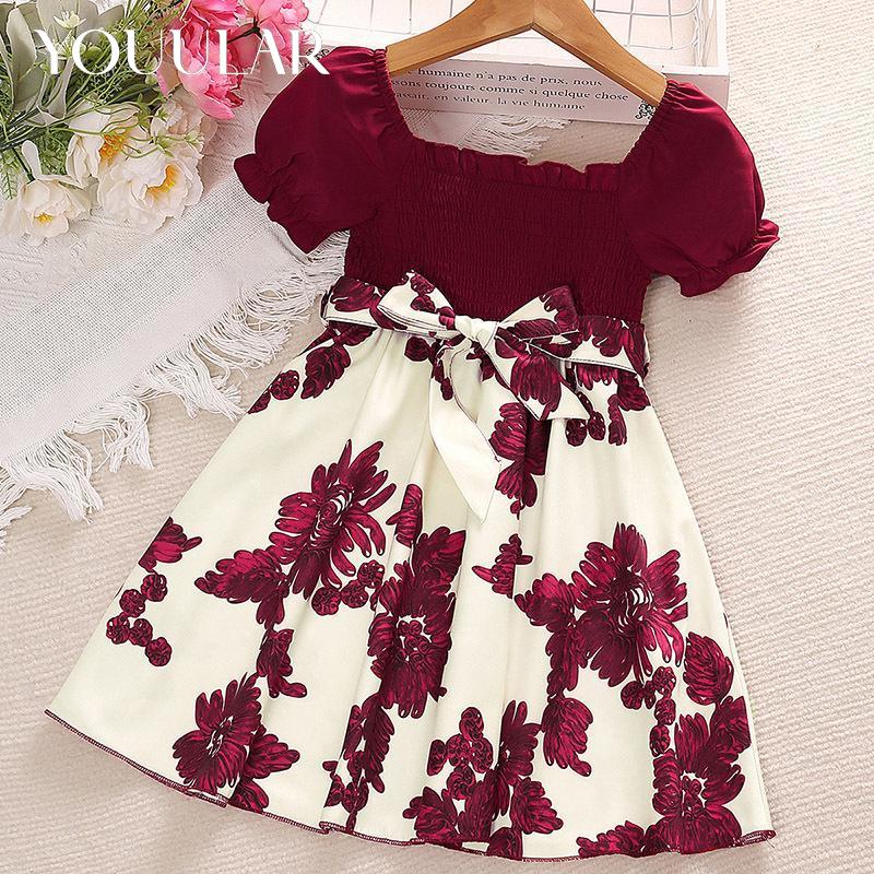 YOUULAR Summer Girls' Dress 2023 New Children's Floral Short-sleeved Printed Princess Dress Children's Clothing