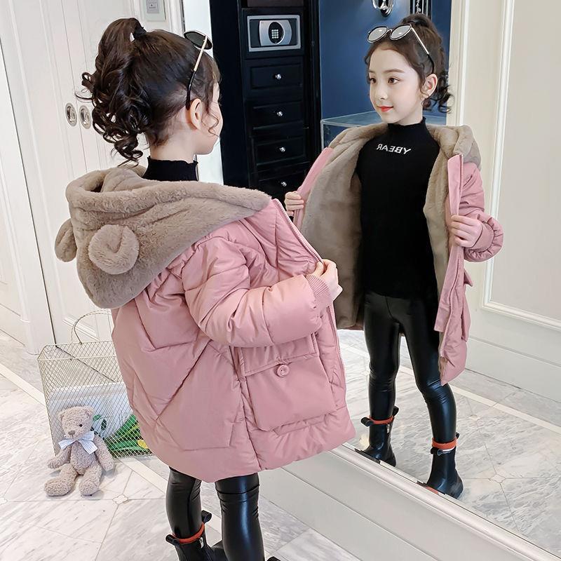 GP70YE Girls Kids Winter Thick Clothing Girls Cotton Children's Padded Fur Collar Hooded Long Jacket Coats