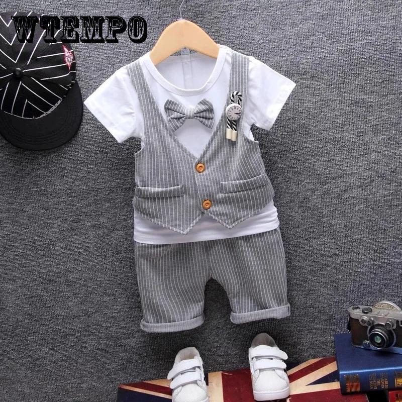 WTEMPO Boys Suit Korean Version of Children's Clothing Handsome Boy Baby Gentleman Vest Bow Three-dimensional Decoration Short-sleeved Shorts Two-piece Set