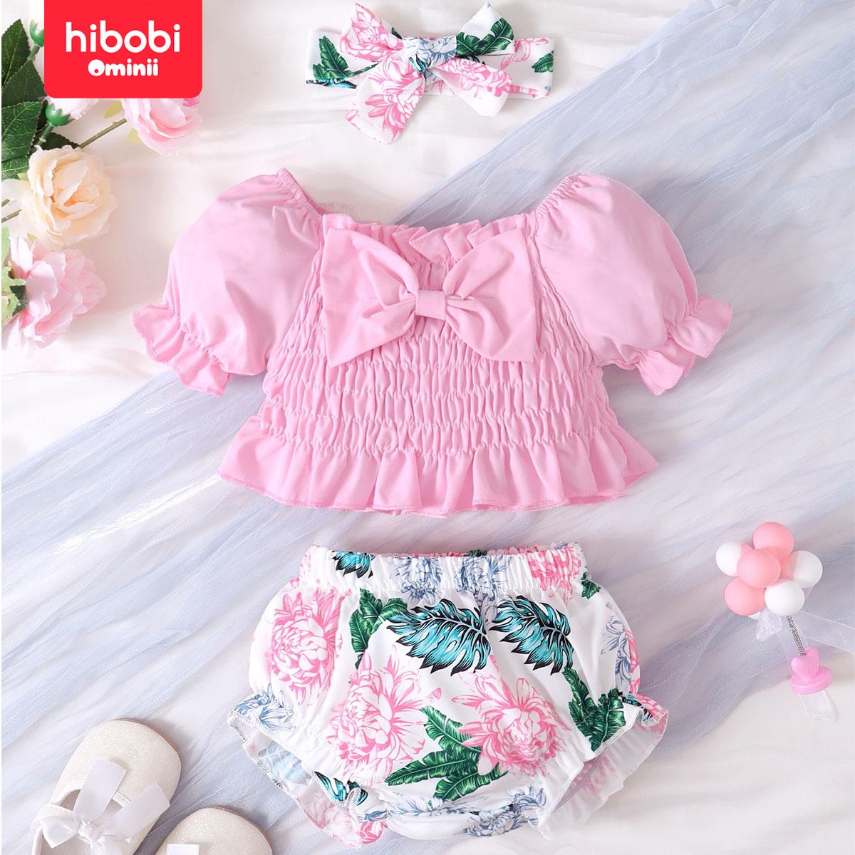 hibobi New Children's Clothing Pink Flower Pattern Sweet And Cute Boat Neck Short-Sleeved Smock Three-Piece Set