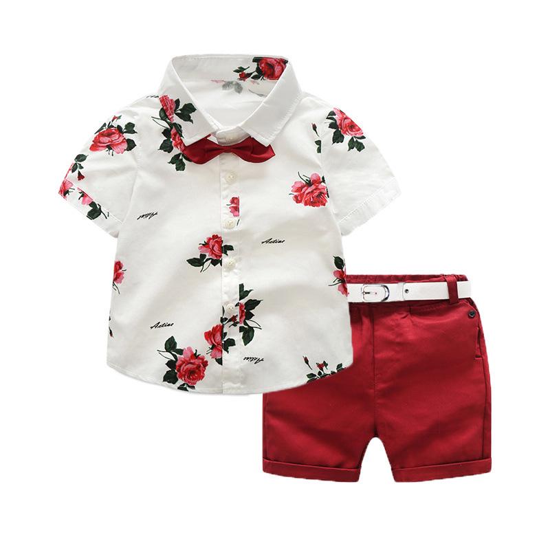 Fashion Nessa Summer New Boys Children's Clothing Printed Shirt Casual Shorts Two Pieces Sets with Belt