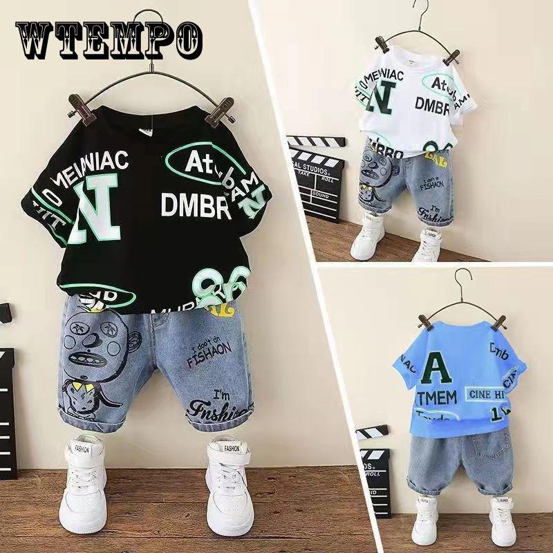 WTEMPO Children's Clothing Boy Summer Suit Cartoon Boy Western Style Children's All-match Short-sleeved Two-piece Suit Cropped Pants + T-shirt Suit