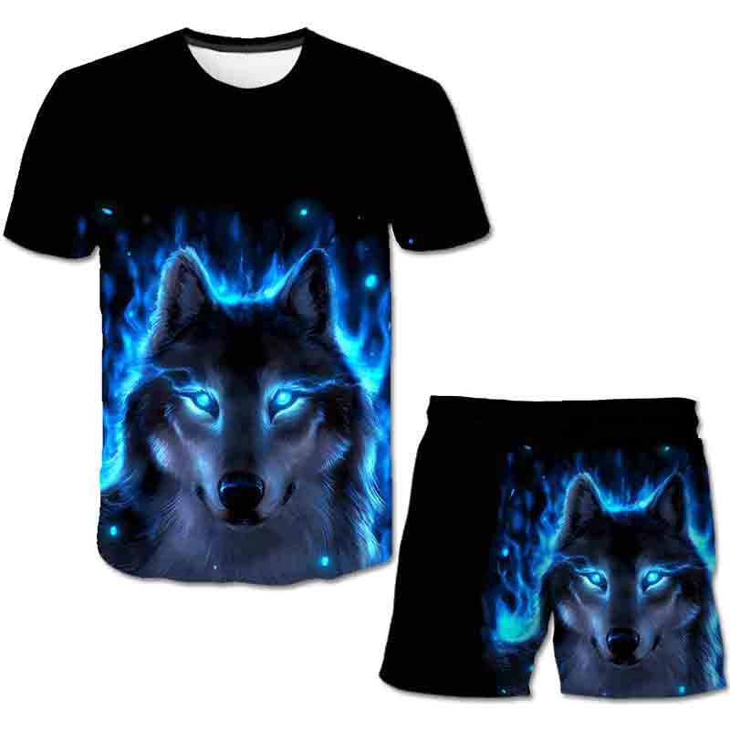 ULao Summer Children's suit T-shirt Wolf T Shirts Shorts Suits Boys Girls Cartoon Short Sleeves Tops + Elastic Waist Trousers 2PCS Clothing Outfits