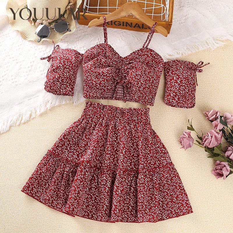 YOUULAR 2024 Summer Suspender Girls Short Sleeve Top + Floral Skirt 2 Pcs Suit Children's Clothing