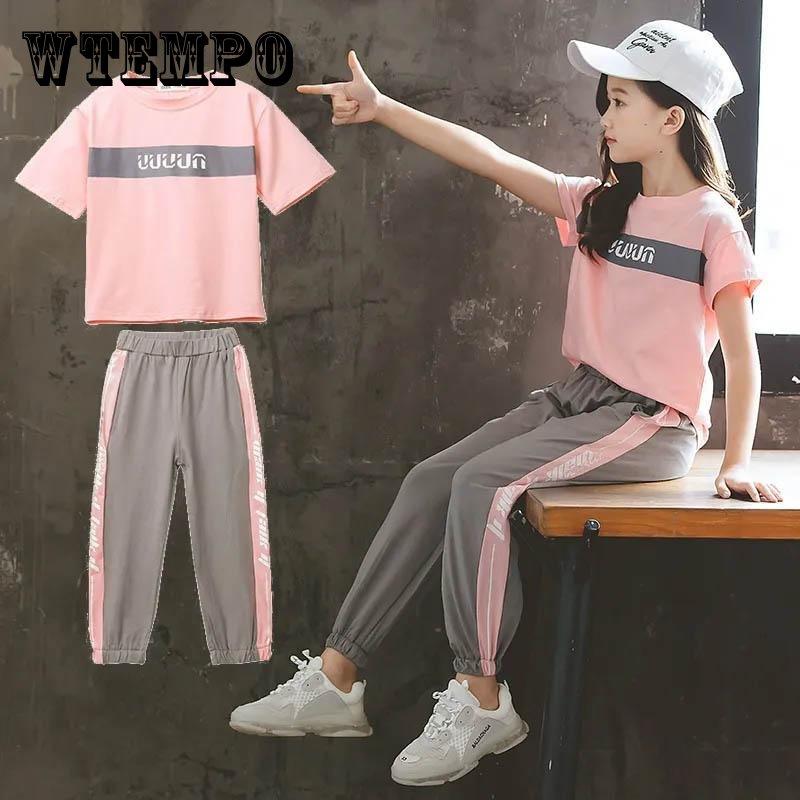 WTEMPO Girl Teenage Children's School Clothing Fashion 2pcs T-shirt and Harem Pants Children Casual Sets Summer Suits Girl Sports Clothes