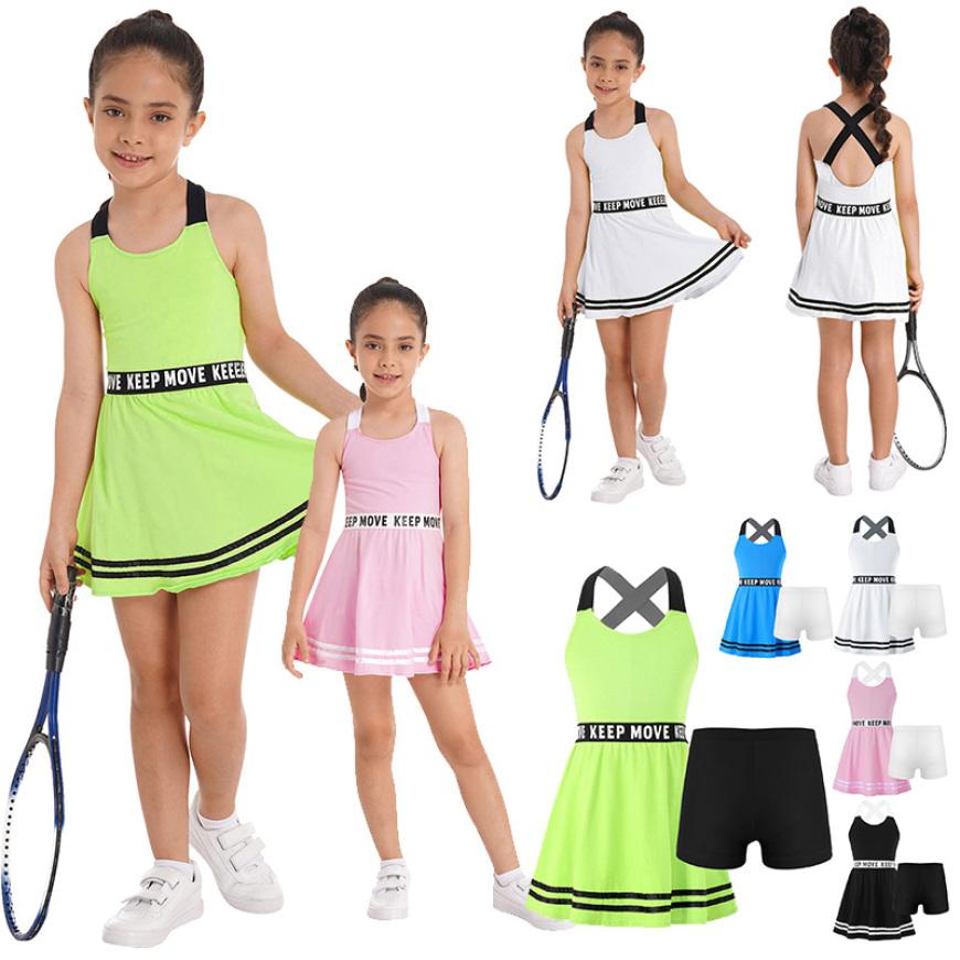 iEFiEL 2 Children's Clothing Set Tennis Suit Sleeveless Tennis Dress with Inner Shorts Girls' Tennis Sports Training Workout Dress Outfits
