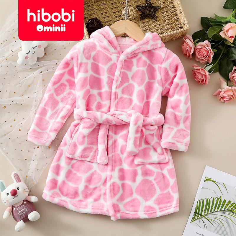 hibobi Autumn and winter children's clothing home service unisex bathrobe pajamas cartoon flannel hooded children's nightgown