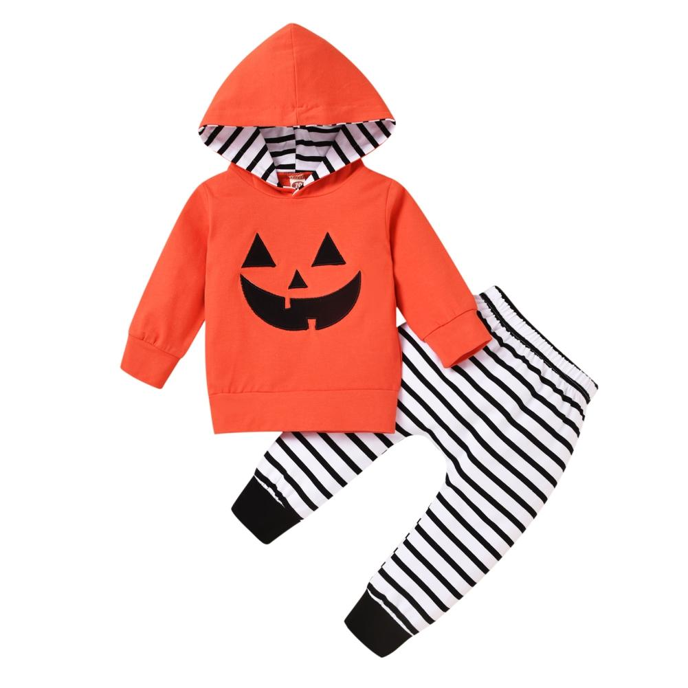 Sunshine kids clothing Baby Boys Girls Hoodie Suit Halloween Long-sleeved Pumpkin Hooded Sweatshirt Top + Stripe Pants Set Kids Clothes 0-24M