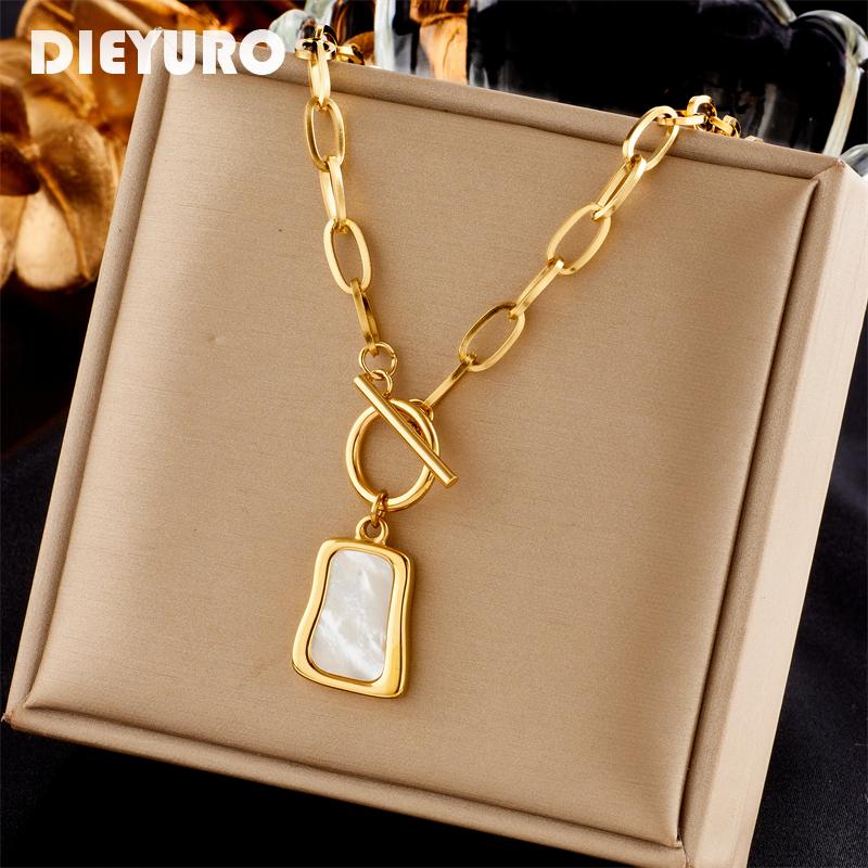 Taylor Erotic Lingerie DIEYURO 316L Stainless Steel Geometric Trapezoidal Pearl Oyster Pendant Necklace For Women New OT Buckle Chains Jewelry Gifts