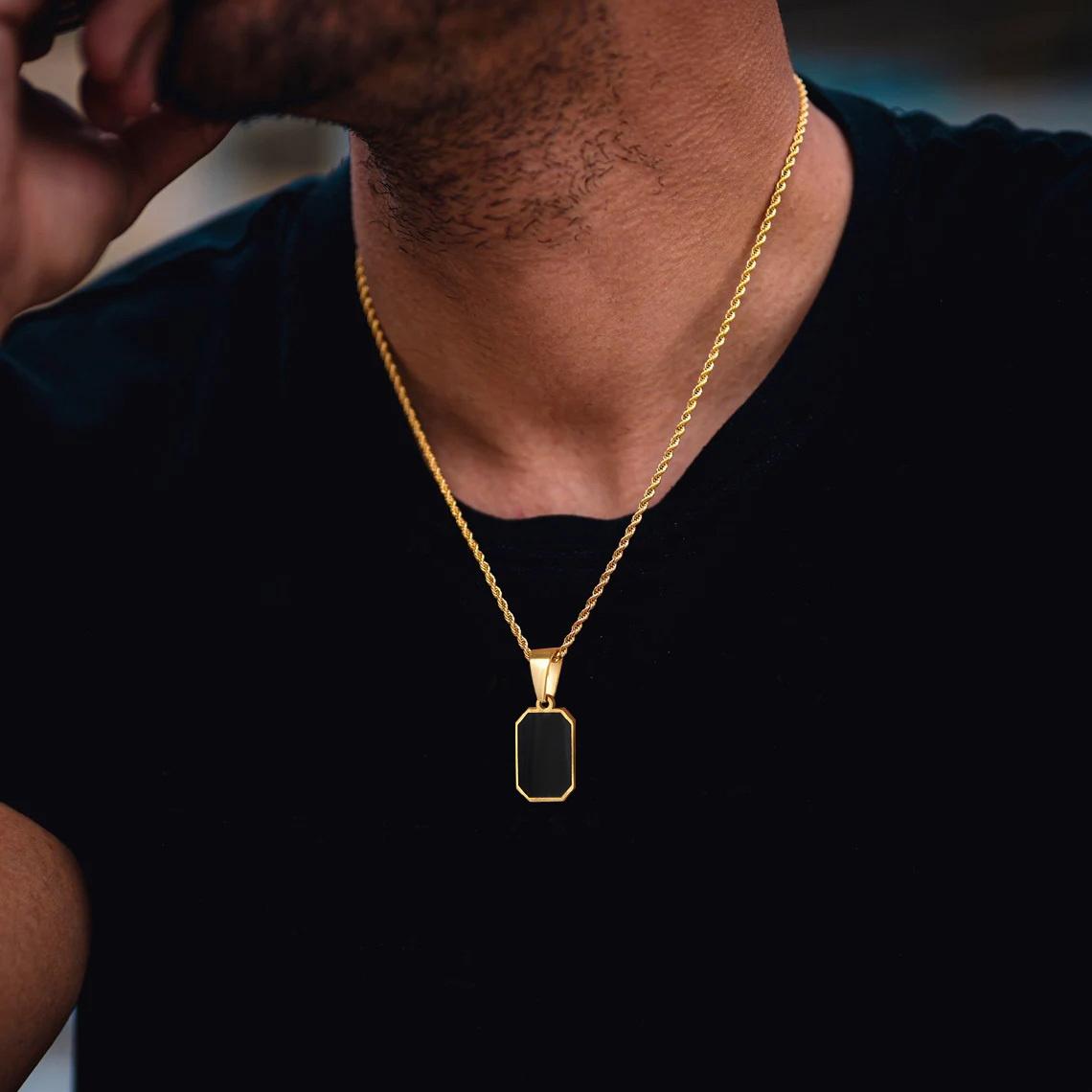 Taylor Erotic Lingerie Stylish Gold Color Mens Geometric Square Necklaces,Black Enamel Rectangle Pendant with Rope Box Chain Collar Gift Jewelry