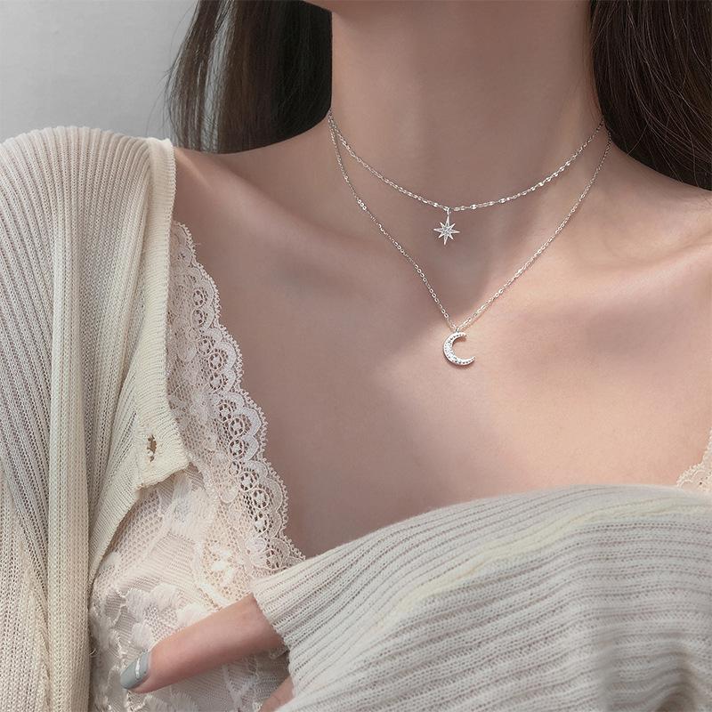 Taylor Erotic Lingerie Double Layer Star Moon Clavicle Chain Necklace For Women Girl Cubic Zircon Necklace Gift  Fine Jewelry Party Wedding Accessories