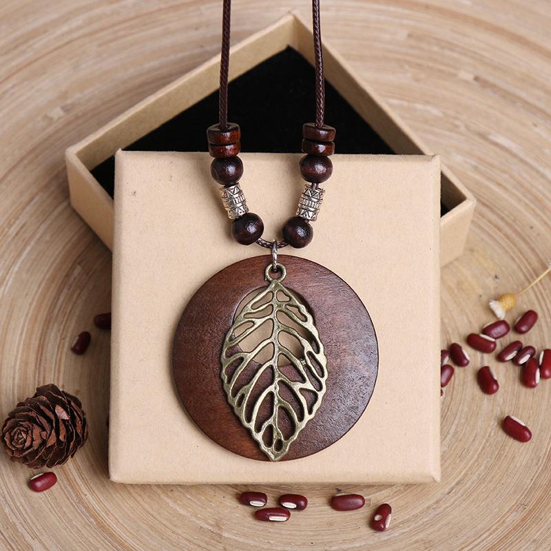 Taylor Erotic Lingerie Vintage Wooden Anchor Leaf Pendant Necklaces Boho Ethnic Style Metal Hollow Leaves Necklaces Long Wax Rope Chain Gifts