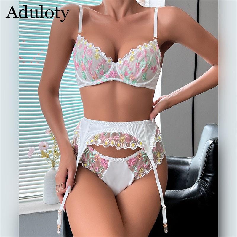 Aduloty Women Sexy Underwear Exquisite Flower Lace Embroidered Bra garter thong Thin Mesh Perspective Lingerie Three Piece Set