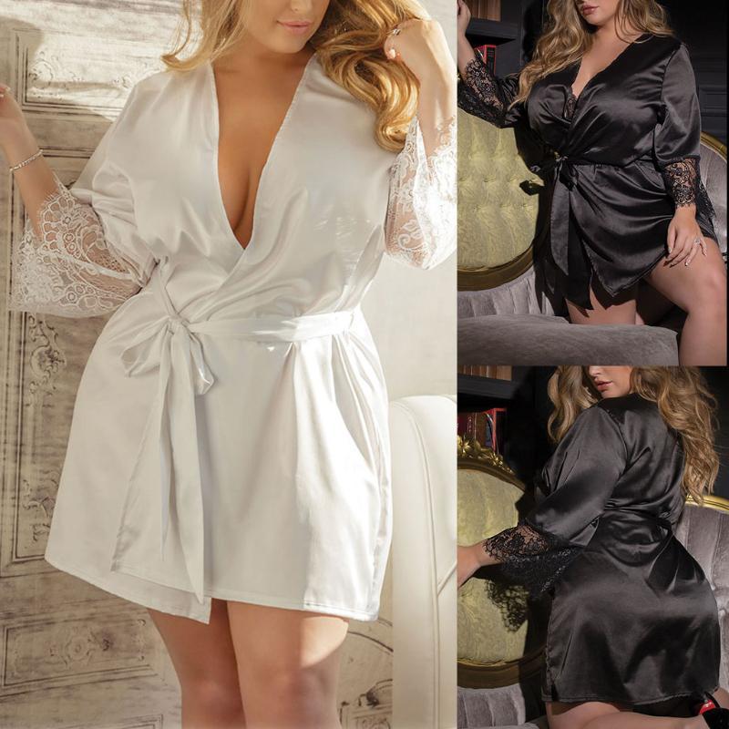 abcfashion Sexy Cardigan Lingerie Women Lace Up Sleepwear Deep V Neck Nightdress Plus Size