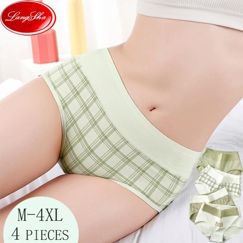 LANGSHA High Waist 4Pcs/Set Cotton Panties Women Underwear Briefs Female Lingerie Plus Size M-5XL