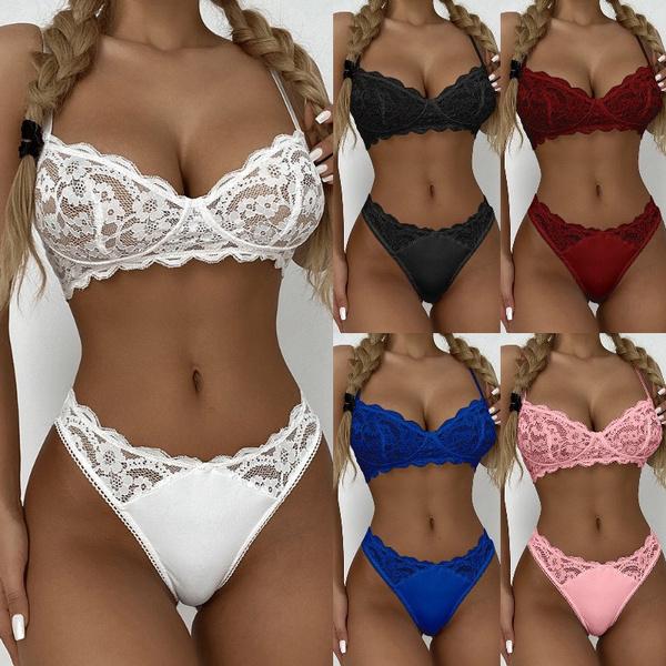 Faraze Women Two Piece V-Neck Lingerie Set Sexy Lace Spaghetti Strap Bra Top and G String Underwear Casual Briefs Pajamas Suit Panties Solid Colors