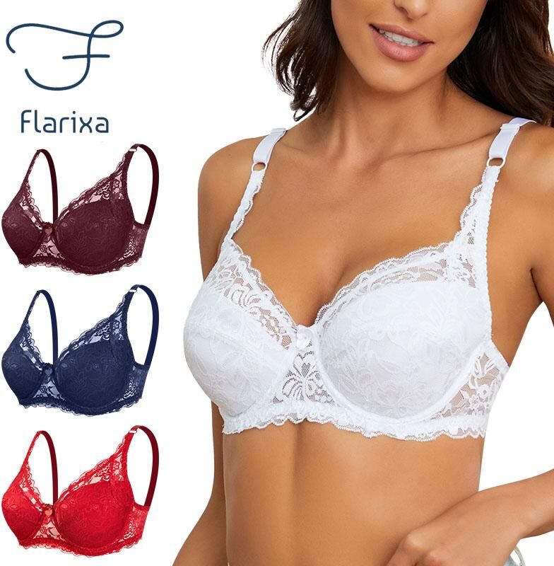 Flarixa Plus Size C D Cup Lace Bra Push Up Sexy Women Lingerie Bralette Top Ladies Underwear