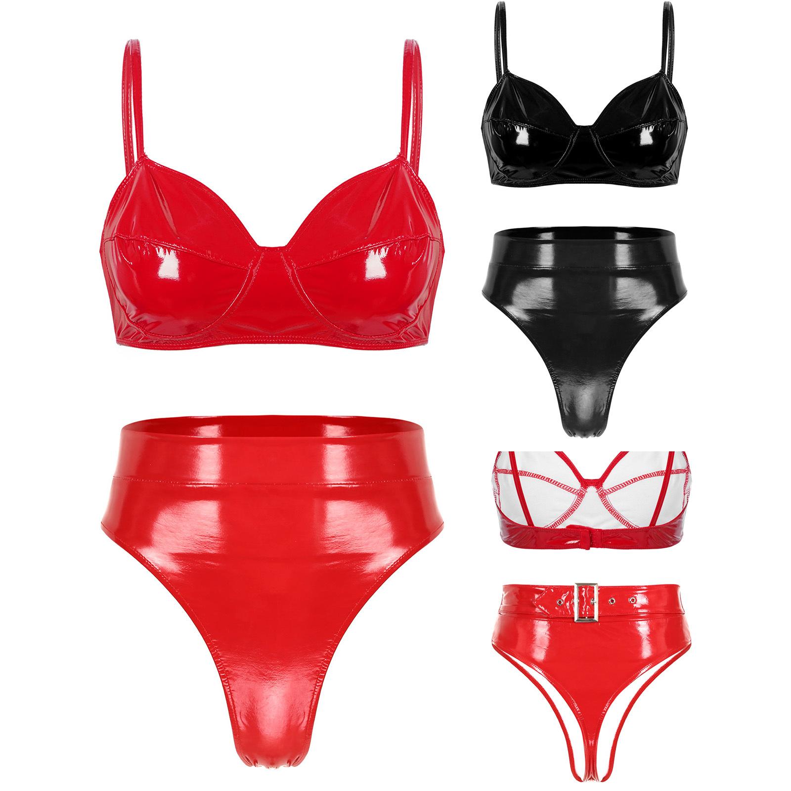 Fldy Women's Lingerie Set 2 Pieces Wet Look Patent Leather Wire-free No Padded Bra Top and Briefs Set Clubwear