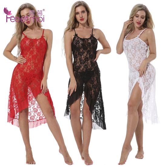 Feeet Moi Lace Lingerie Sexy Hot Erotic Backless See Babydoll Sleepwear Through Rose Lace Dress G-String Underwear Sleepwear
