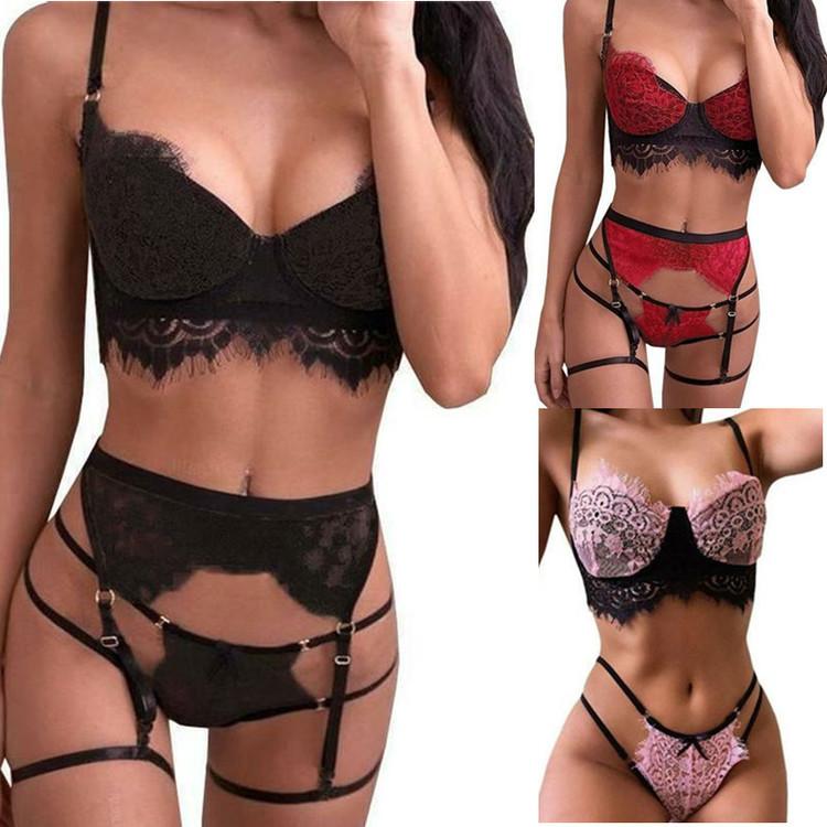 WonderfulOne 3pcs Sexy Lingerie Thong Set Slim Fit Underwear Lace Up Nightwear Pain Backless Sleepwear