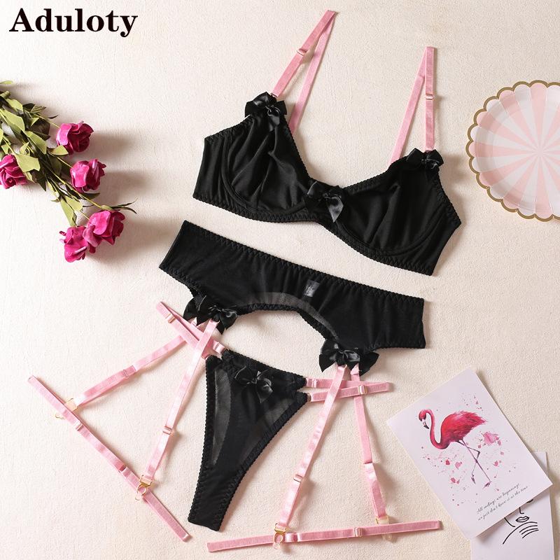 Aduloty New Erotic Lingerie Stitching Pink Leg Ring Steel Ring Gathered Bra Bow Decoration Temptation Sexy Women's Underwear Set