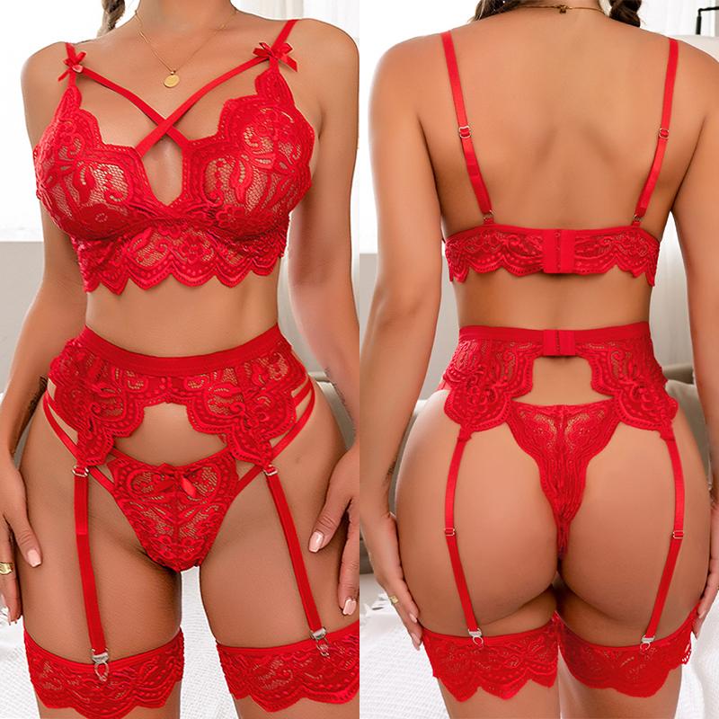 QINQING Sexy Lingerie For Women Bra And Panty Garters 3pcs See Through Lingerie Sets Sexy Women's Underwear Set Seamless Lace Bra Set